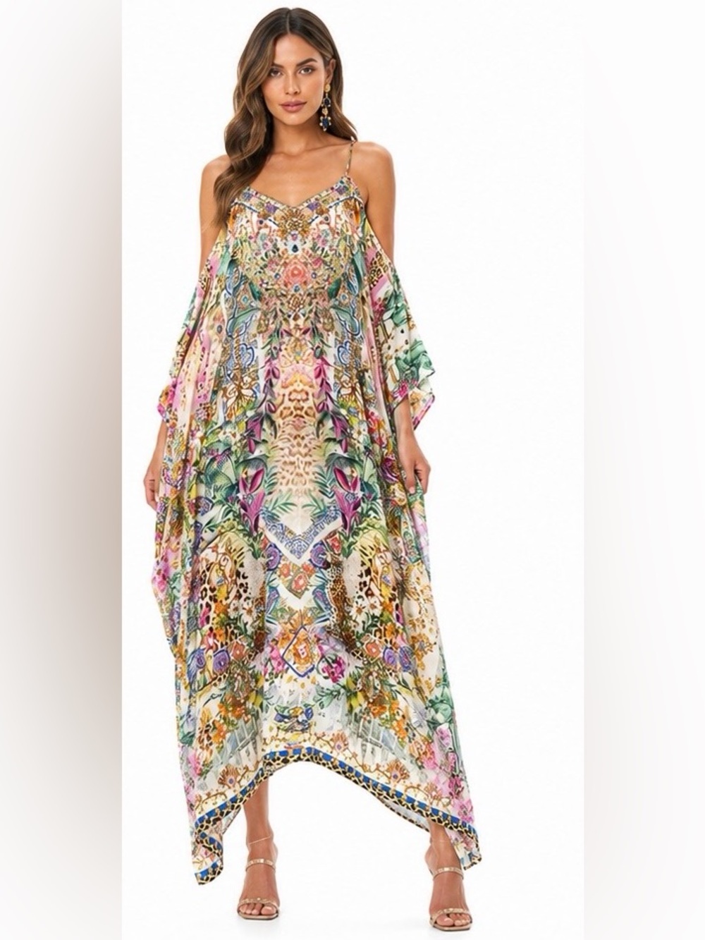 Camilla silk crystal asymmetrical printed kaftan slit shoulders,